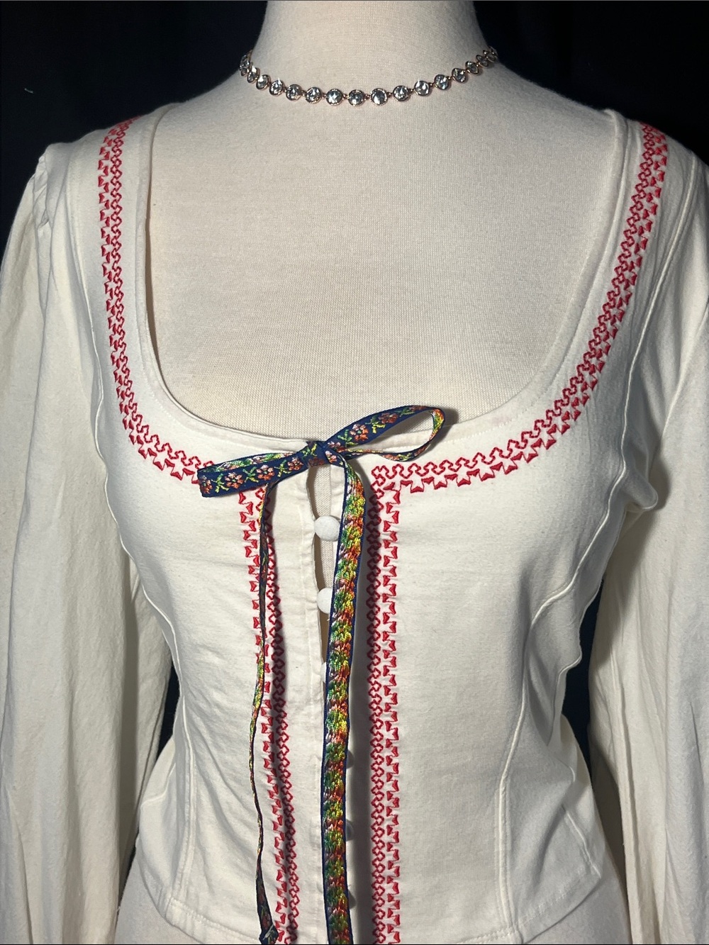 Free People fitted/peasant blouse/plunging scoop neck/ribbon tie/long sleeve-NWT